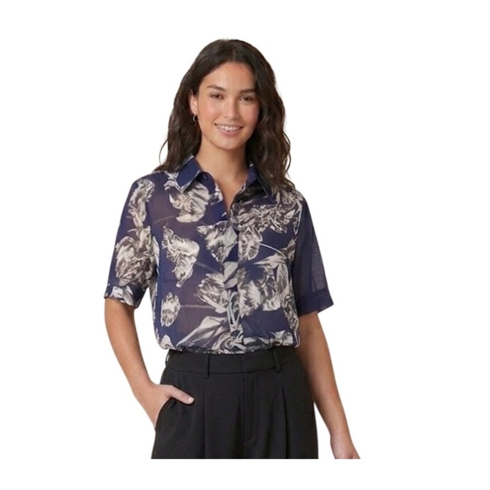 Derek Lam 10 Crosby Button Down Shirt Blue White Floral Sheer Short Sleeve S